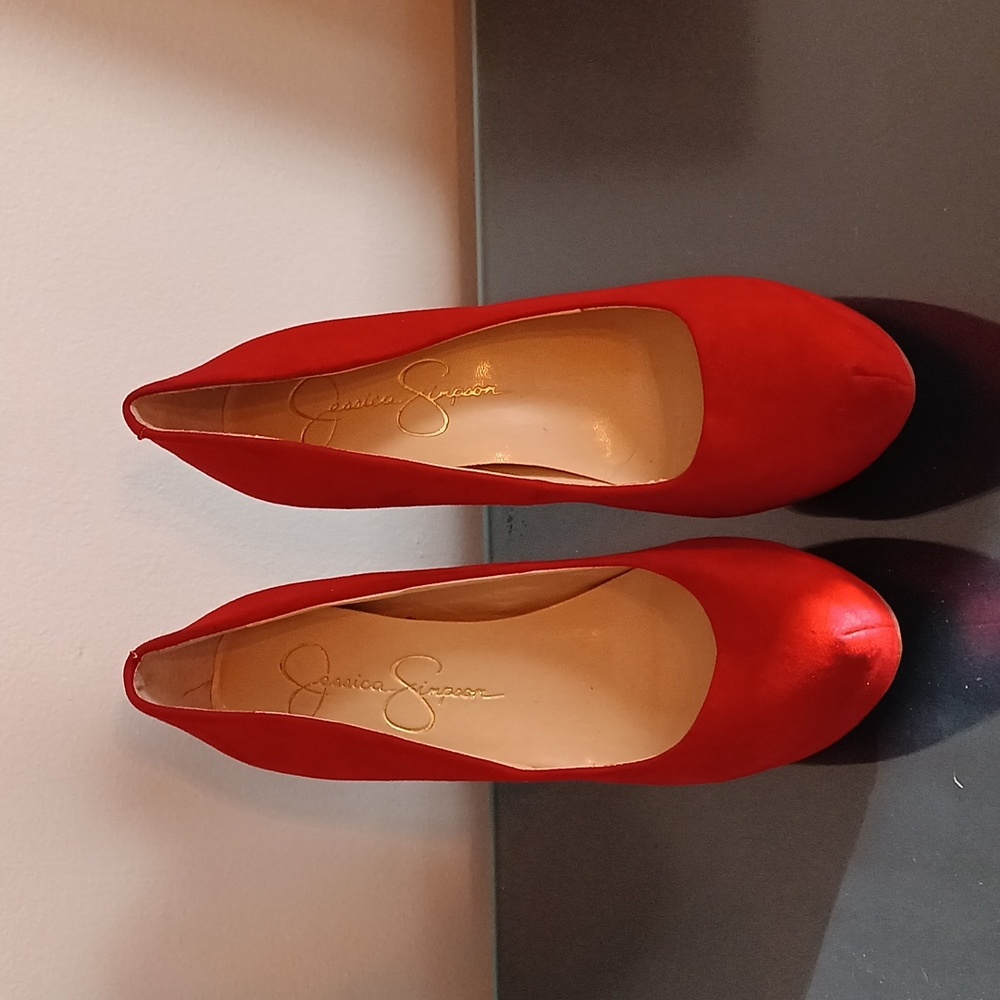 Red suede high heels